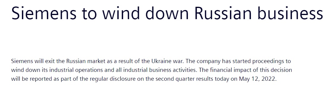 Немецкая компания Siemens прекращает деятельность в РФ из-за войны в Украине