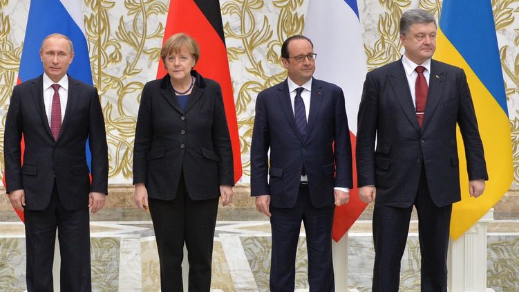 Владимир Путин, Ангела Меркель, Франсуа Олланд, Петр Порошенко в Минске, февраль 2015 года