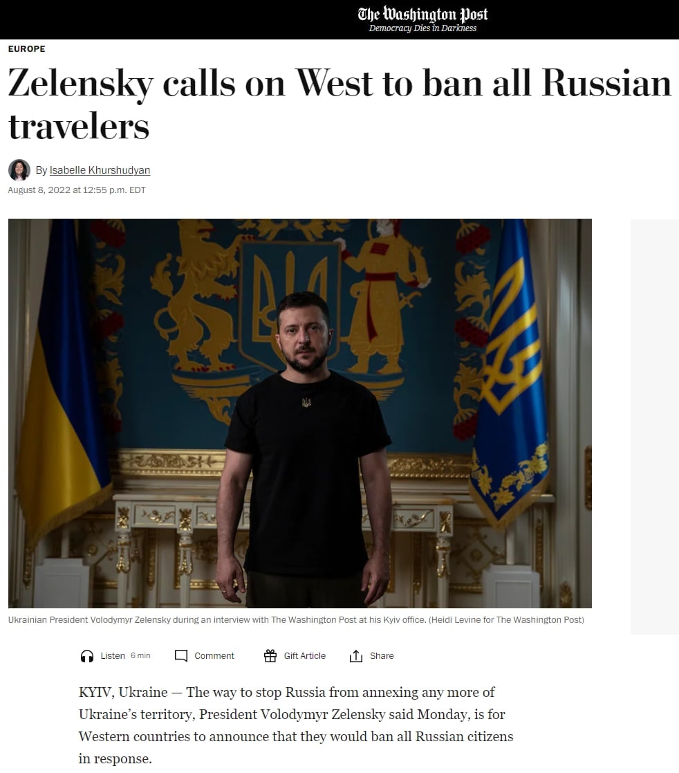 Зеленский призвал Запад отказывать в визах россиянам