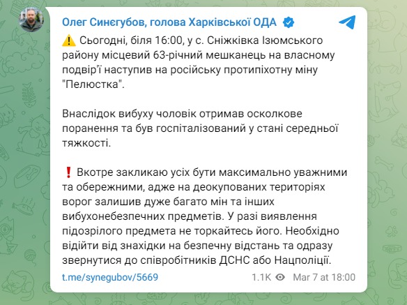 Скріншот із Телеграм Олега Синегубова