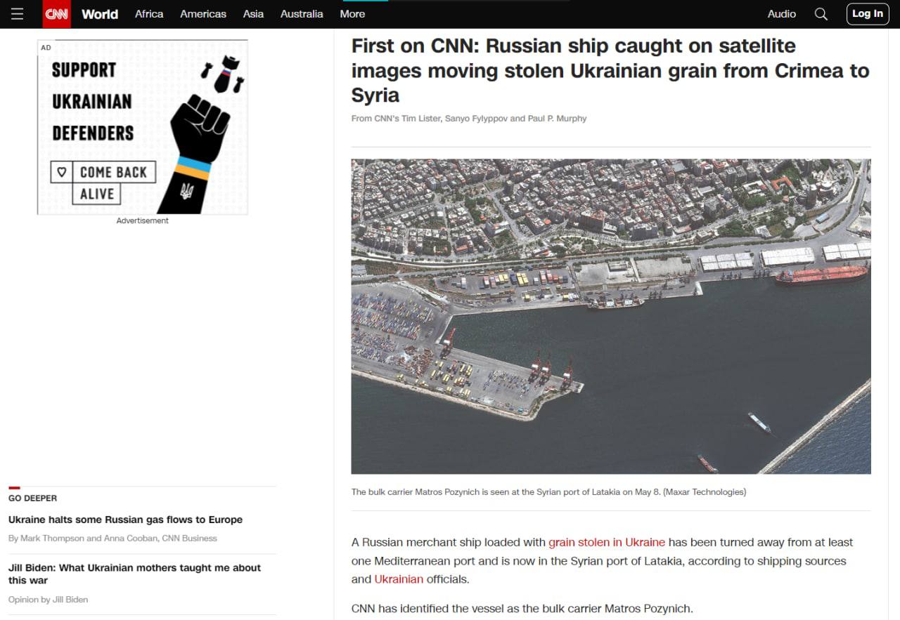 Спутник засек российское судно, которое перевозило украденное на юге Украины зерно из Крыма в Сирию