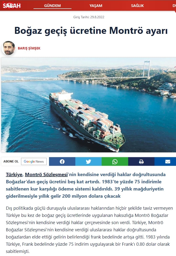 Газета Sabah сообщила, что Турция в пять раз увеличит сборы за проход через проливы