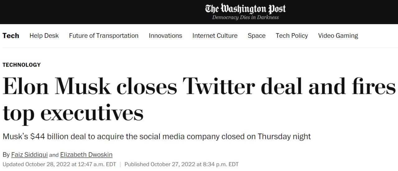The Washington Post пишет о том, что Илон Маск уволил нескольких давних топ-менеджеров Twitter после сделки о покупке соцсети