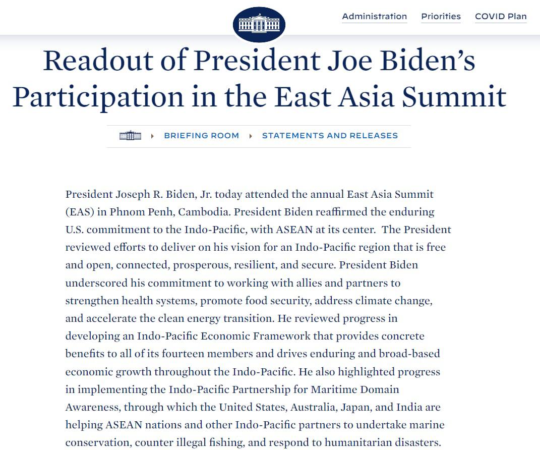 Джо Байден во время выступления на саммите стран Юго-Восточной Азии в Пномпене заявил, что США будут соперничать с Китаем, но так, чтобы конкуренция не переросла в конфликт
