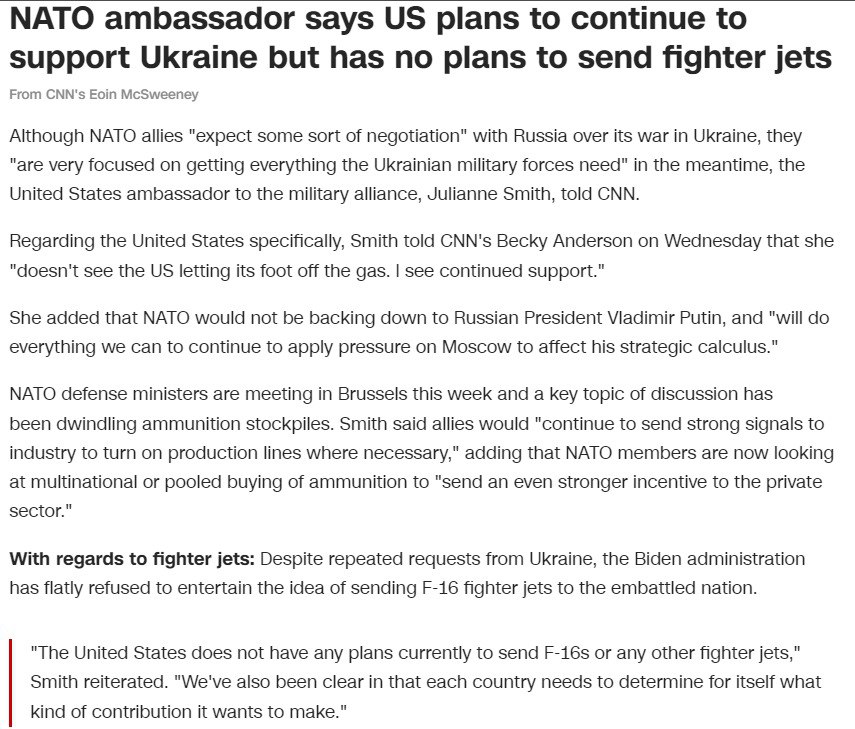 США не будут отправлять истребители Украине
