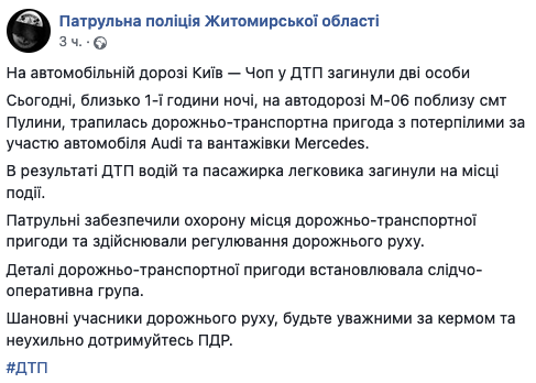Под Житомиром произошло ДТП, погибли 2 человека. Скриншот: facebook.com/zhytomyrpatrolpolice