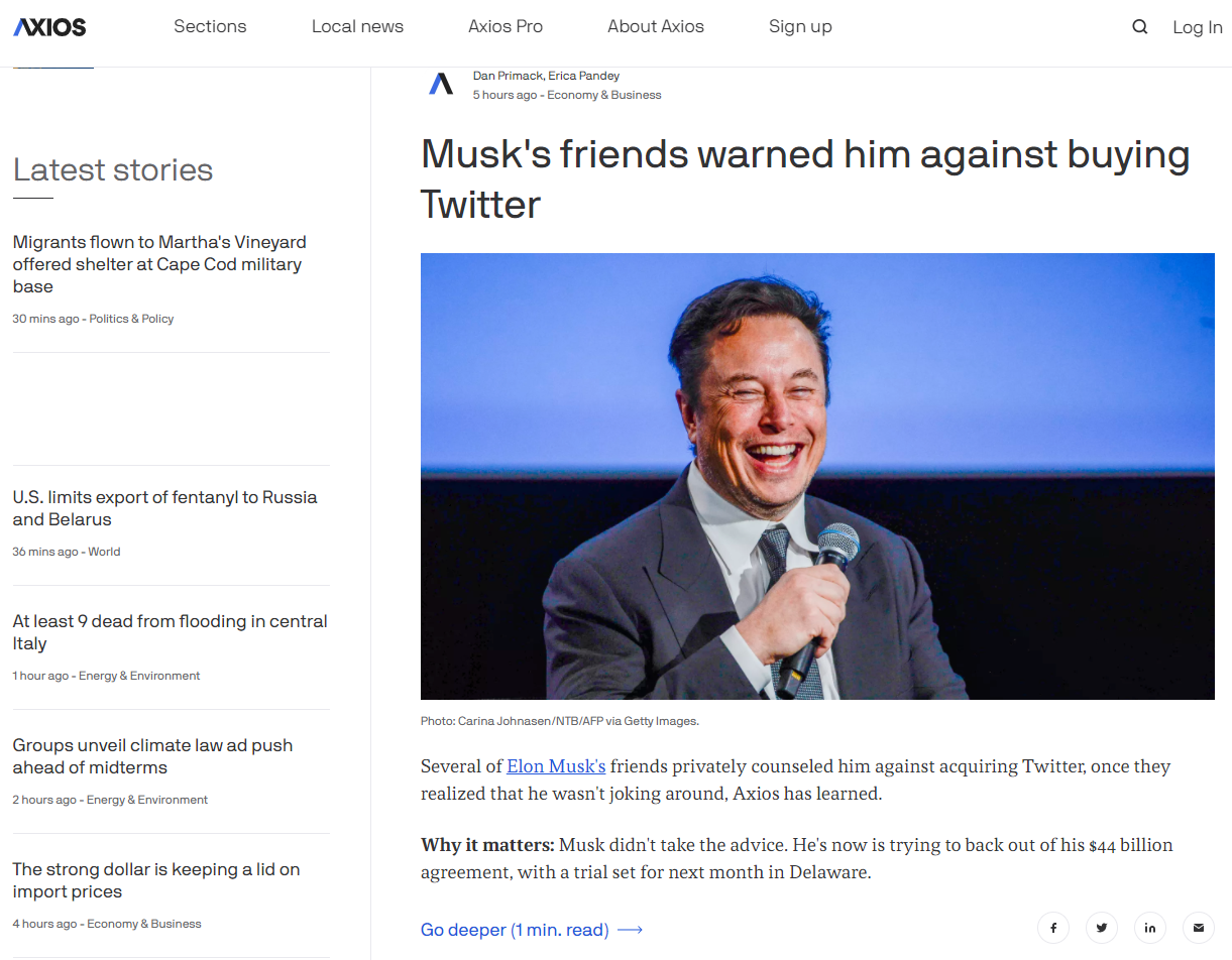 Издание Axios сообщает о том, что друзья и близкие Илона Маска отговаривали его от покупки Twitter, называя ее огромной проблемой
