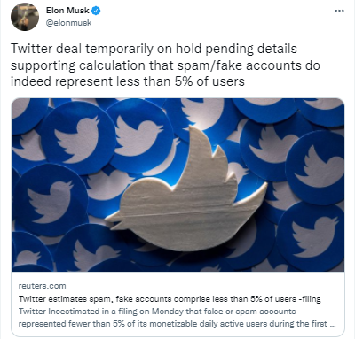 Илон Маск приостановил покупку Twitter