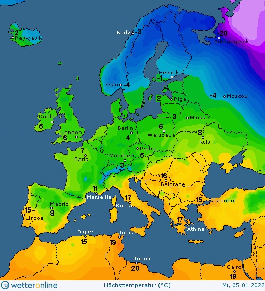 карта погоды в Европе и Украине на 5 января 2022 года