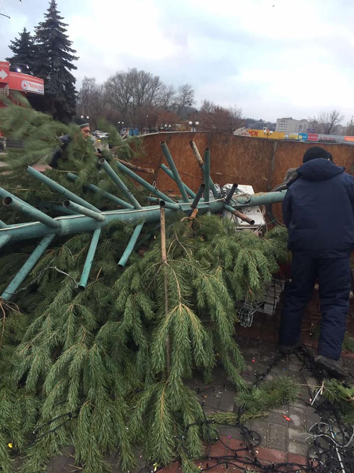 В Каневе упала новогодняя елка. Скриншот фейсбук-поста Игоря Ренькаса