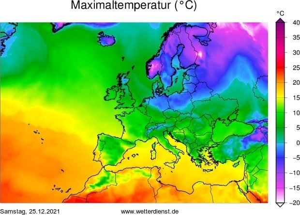 Карта температуры воздуха в субботу, 25 декабря, из Фейсбука Диденко