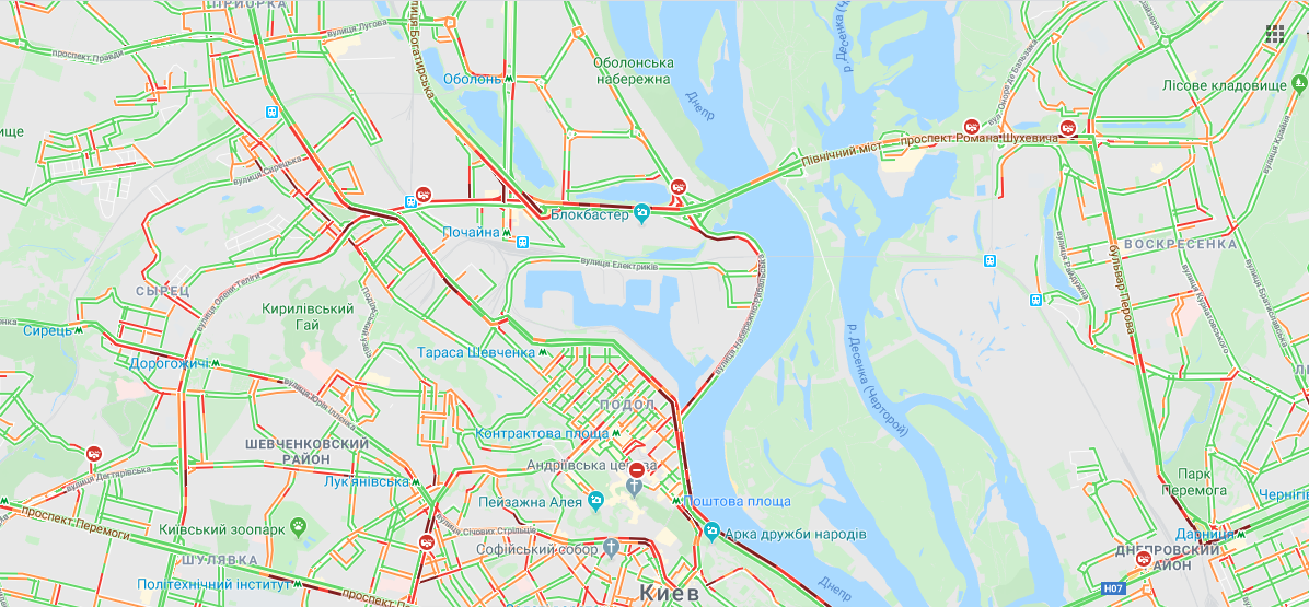 Пробки в Киеве 3 февраля Google Maps, скриншот