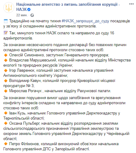 НАПК составило новые админпротоколы. Скриншот: Фейсбук агентства