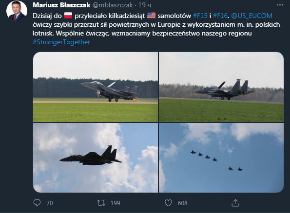 В Польшу перебросили американские истребители. Скриншот твиттера министра обороны польши
