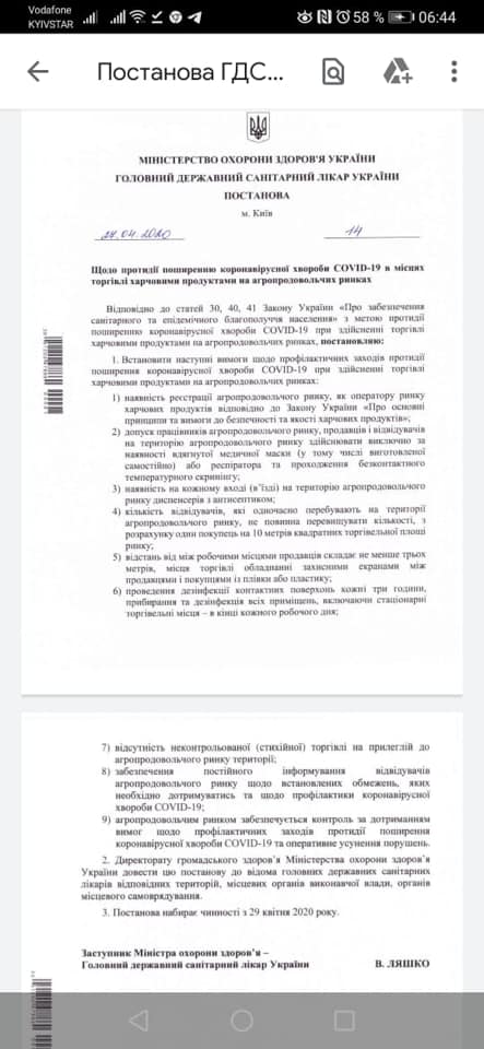 Постановление санврача Ляшко о работе рынков