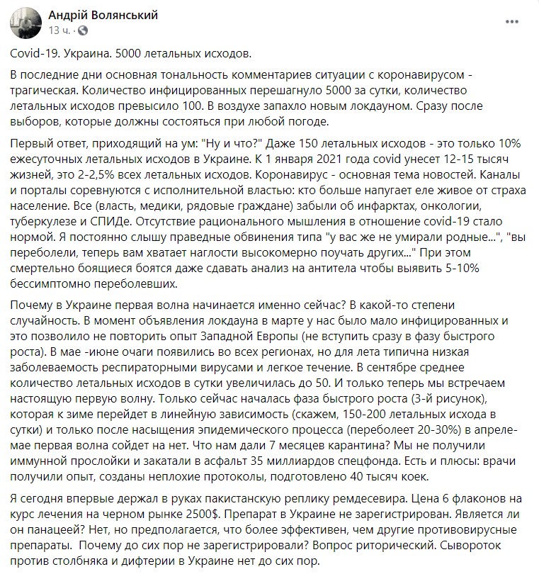 Пост врача Волянского о Сovid-19 в Facebook