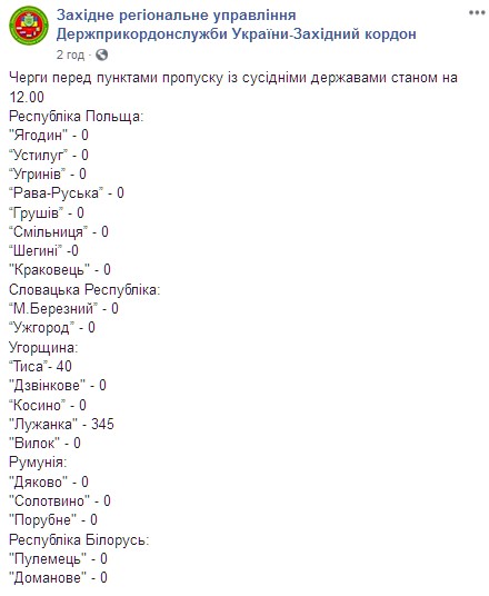 На границе Венгрии и Украины застряли 345 машин. Скриншот: facebook.com/zahidnuy.kordon