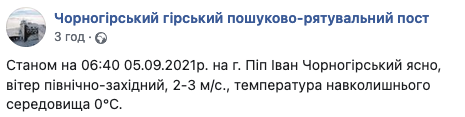 В Карпатах температура опустилась до нуля градусов. Скриншот: facebook.com/chornogora.rescue112