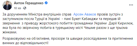 Геращенко призвал посла Турции поспособствовать справедливому расследованию избиения украинской модели. Скриншот: Антон Геращенко в Фейсбук
