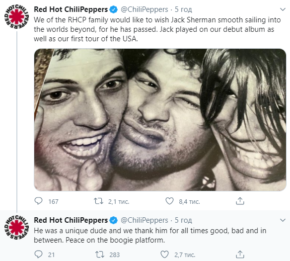 Умер экс-гитарист Red Hot Chilli Peppers Джек Шерман. Скриншот: RHCP в Твиттер