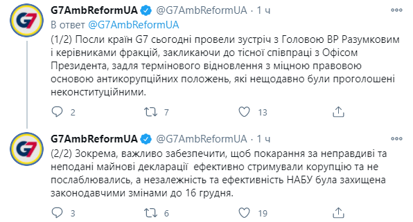 Послы G7 призвали Украину как можно быстрее принять закон о е-декларировании и сохранить независимость НАБУ. Скриншот: Твиттер