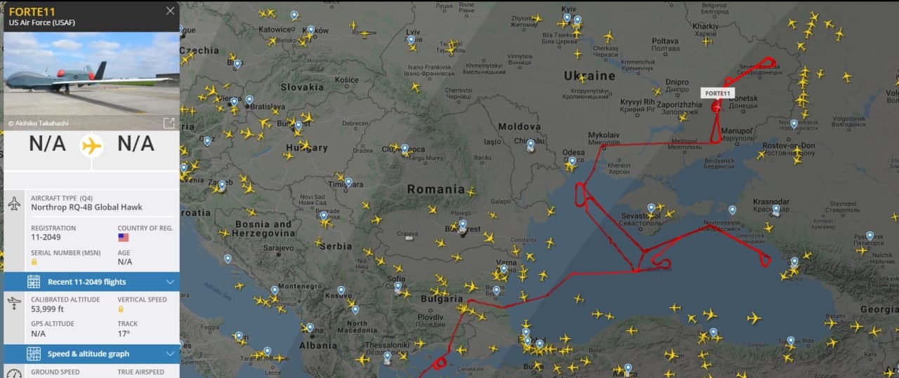 Возле линии разграничения на Донбассе и Крыма пролетел беспилотник ВВС США. Скриншот