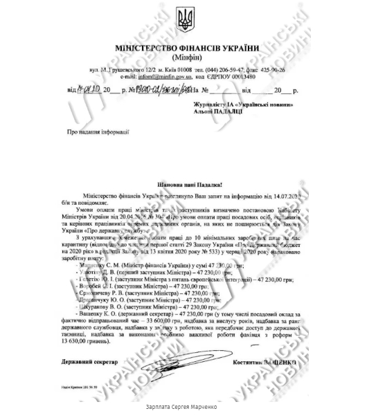 Министр финансов Марченко и его заместители в июне заработали по 47 230 гривен. Скриншот: "Украинские новости"