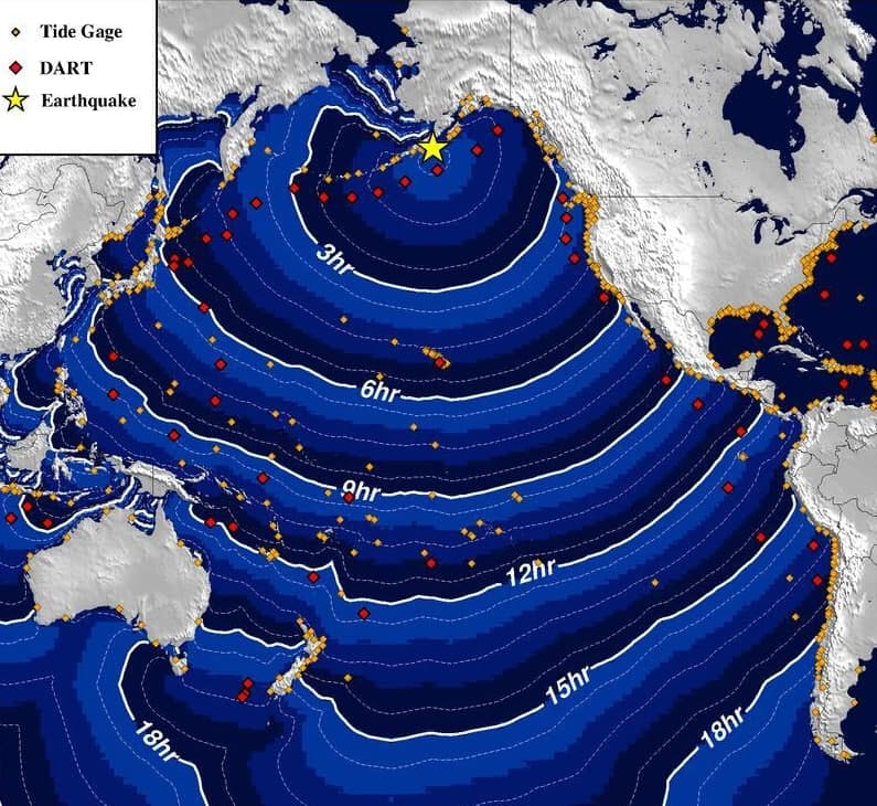 Схема ожидаемого распространения цунами. Скриншот: t.me/rian_ru