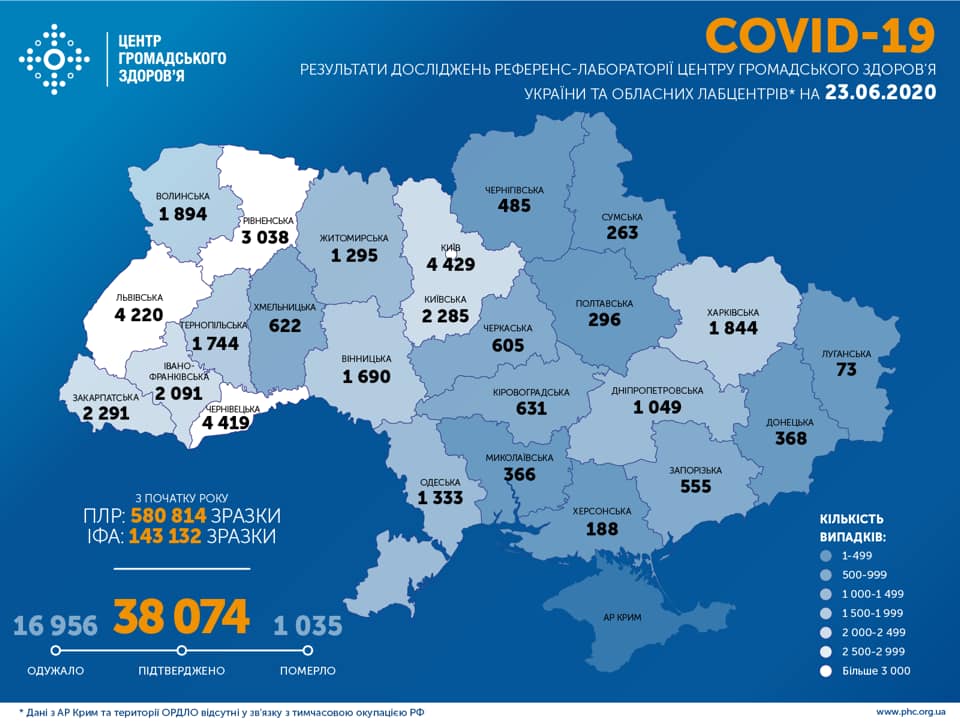 Опубликована карта распространения коронавируса в Украине по областям на 23 июня