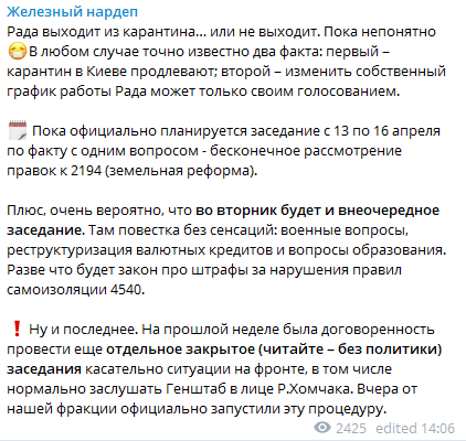Железняк рассказал о планах Рады на ближайшее заседание. Скриншот из телеграм-канала Железный нардеп