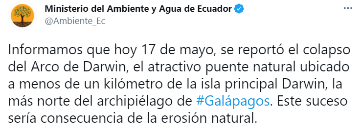 На Галапагосах обрушилась арка. Скриншот из твиттера министерства охраны окружающей среды Эквадора 