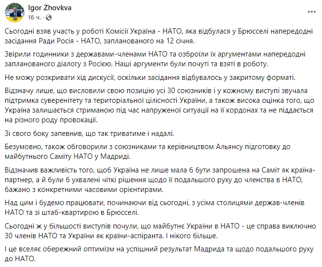 Игорь Жовква рассказал, как прошла Комиссия Украина - НАТО. Скриншот из фейсбука