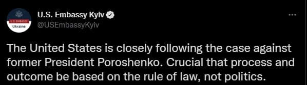 Посольство США в Киеве прокомментировала подозрение для Порошенко. Скриншот из твиттера