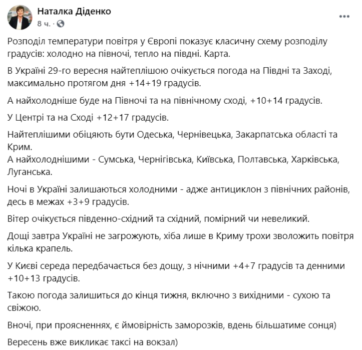 Синоптик Наталья Диденко в Facebook рассказала о погоде
