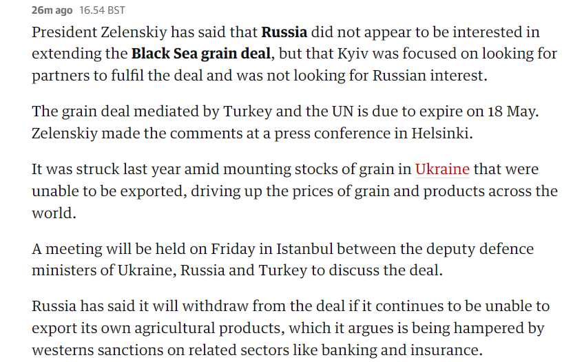 Зеленский считает, что РФ не заинтересована в продлении зерновой сделки