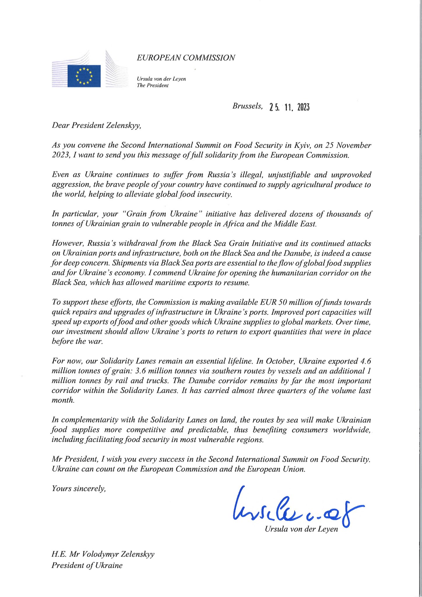 Снимок письма главы Еврокомиссии Владимиру Зеленскому