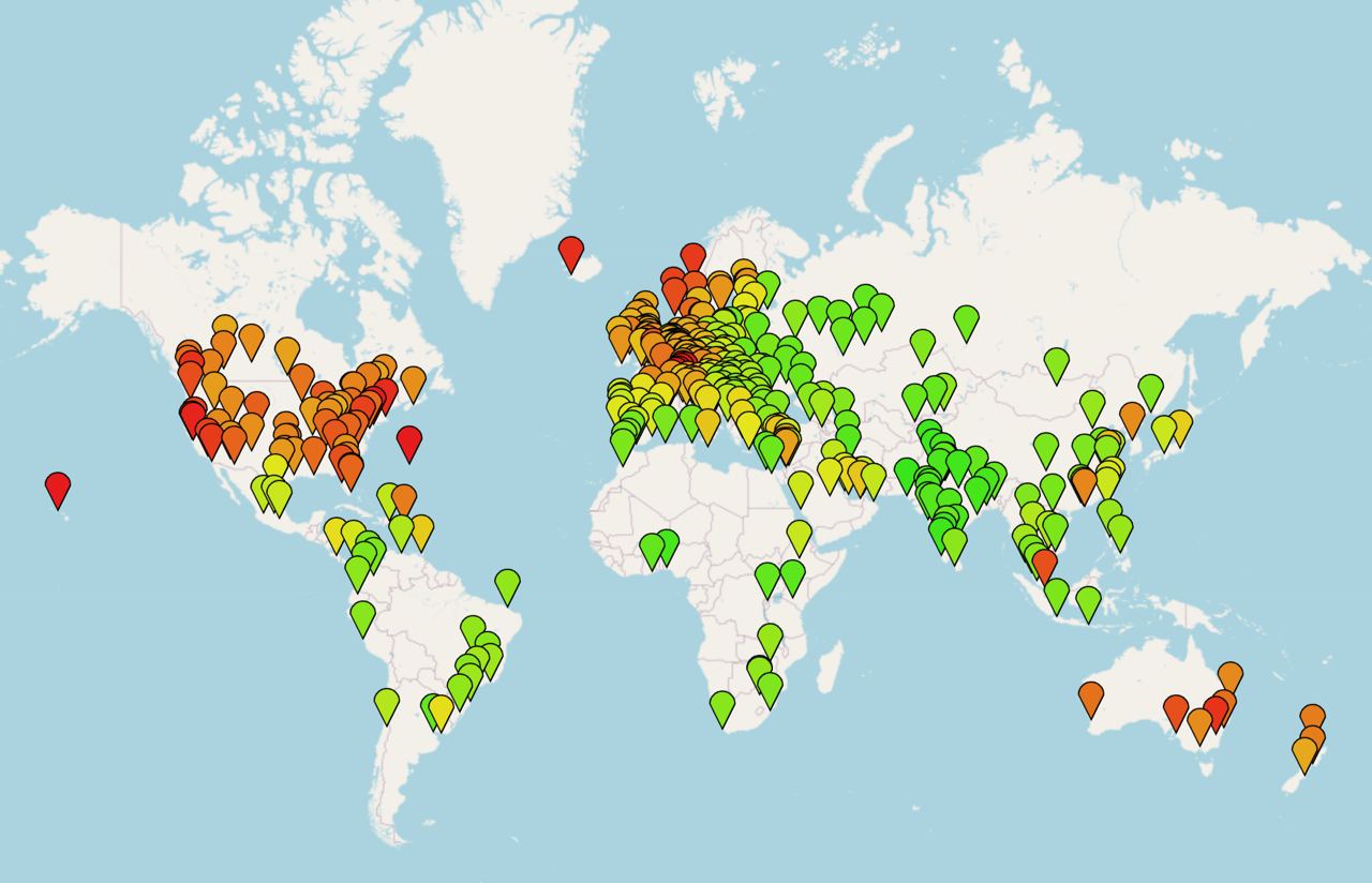 Расположение городов на карте мира. Источник - numbeo.com